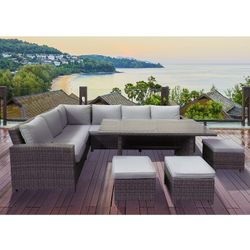 Conjunto de sofás de jardín con 3 Taburetes, Mesa de Acero y Ratán Gris