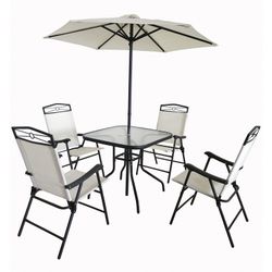 Conjunto de Comedor Exterior con 4 Sillas, Mesa y Sombrilla Palatino de Acero Blanco/Negro