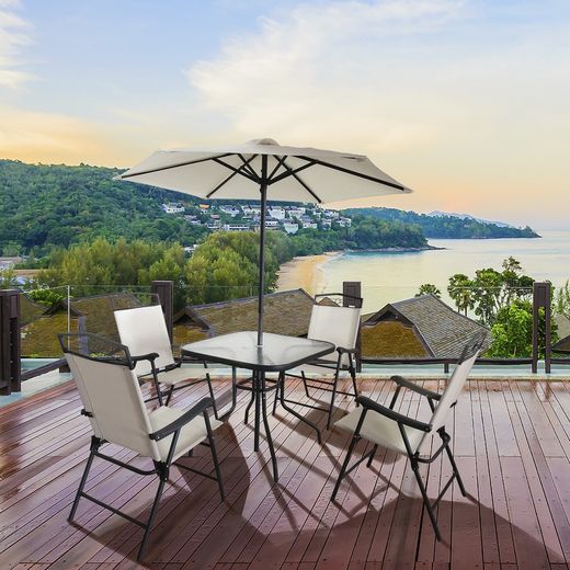 Conjunto de Comedor Exterior con 4 Sillas, Mesa y Sombrilla Palatino de Acero Blanco/Negro