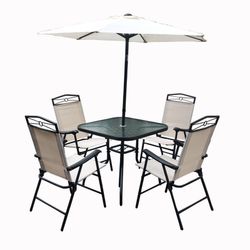 Conjunto de Comedor Exterior con 4 Sillas, Mesa y Sombrilla Palatino de Acero Blanco/Negro