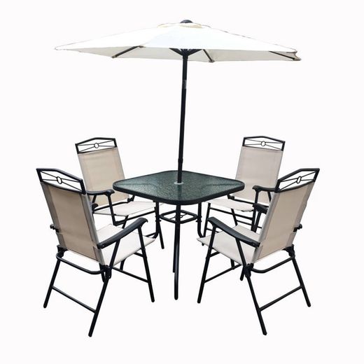 Conjunto de Comedor Exterior con 4 Sillas, Mesa y Sombrilla Palatino de Acero Blanco/Negro