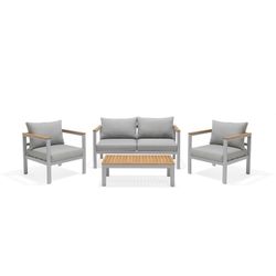 Conjunto sofás exterior, sillones, Mesa y cojines, Aluminio y Madera Gris/Natural