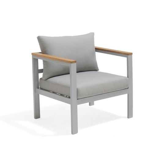 Conjunto sofás exterior, sillones, Mesa y cojines, Aluminio y Madera Gris/Natural