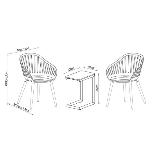 Aluminum and Resin Garden Set 2 Chairs + 1 Black Table