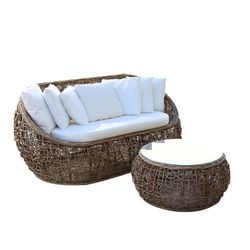 Conjunto de Jardín con Sofá de 3 plazas y Mesa con Cristal de Ratán Natural/Blanco