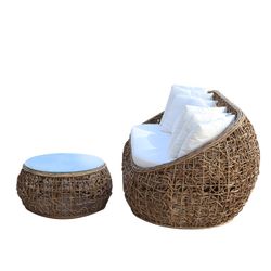 Conjunto de Jardín con Sofá de 3 plazas y Mesa con Cristal de Ratán Natural/Blanco