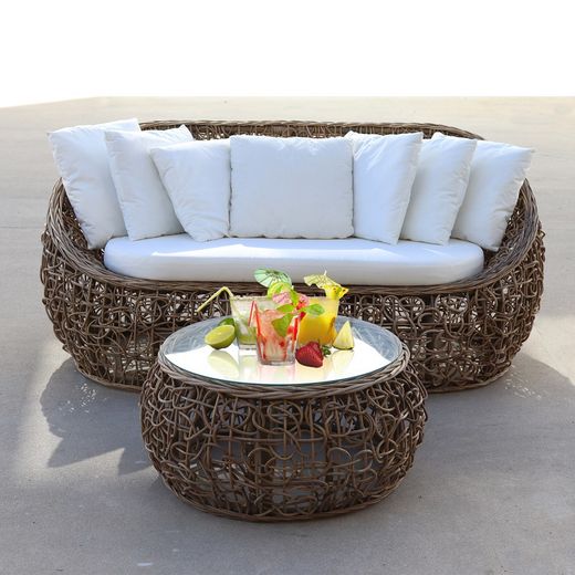 Conjunto de Jardín con Sofá de 3 plazas y Mesa con Cristal de Ratán Natural/Blanco