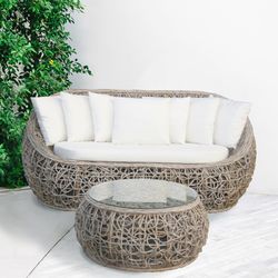 Conjunto de Jardín con Sofá de 3 plazas y Mesa con Cristal de Ratán Natural/Blanco