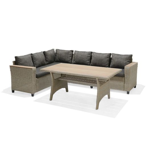 Conjunto Sofá Esquinero y mesa alta de jardín Acero y Ratán Sintético Beige/Gris