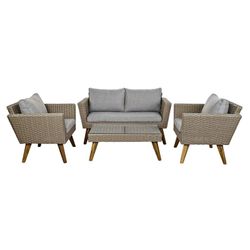 Ensemble de table, canapé et 2 fauteuils avec coussins de jardin en rotin synthétique gris