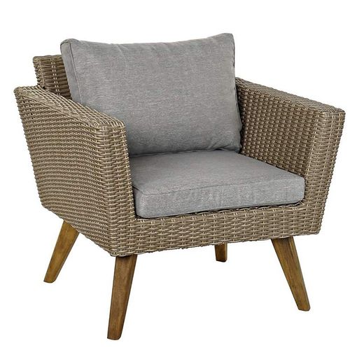 Ensemble de table, canapé et 2 fauteuils avec coussins de jardin en rotin synthétique gris