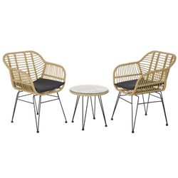 Ensemble de table et 2 chaises avec coussin de jardin en rotin synthétique et métal beige/noir