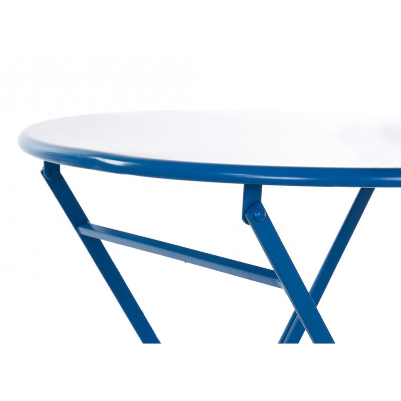 Artistiek Dosering grind Set voor opklapbaar balkon met 2 stoelen en blauwe metalen tafel — Qechic