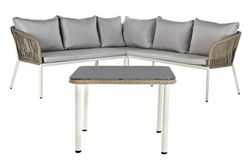 Conjunto de mesa e sofá de canto de jardim em aço bege e vime sintético