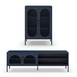 Conjunto de salón compuesto por aparador alto y mueble de televisión en color azul| Diora