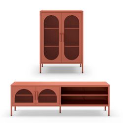Conjunto de salón compuesto por aparador alto y mueble de televisión en color terracota| Diora