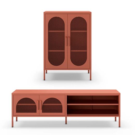 Conjunto de salón compuesto por aparador alto y mueble de televisión en color terracota| Diora