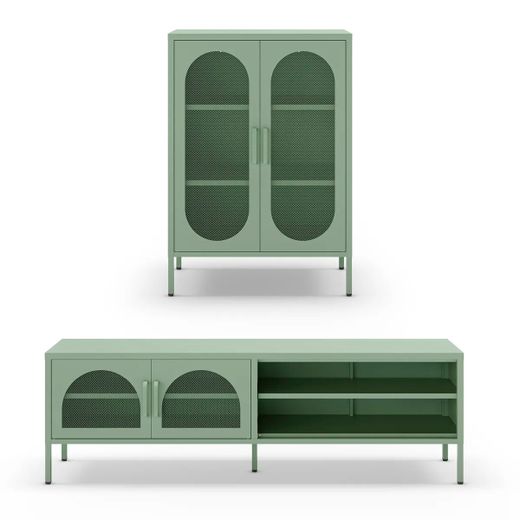 Conjunto de salón compuesto por aparador alto y mueble de televisión en color verde menta| Diora