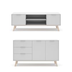 Living room set consisting of a 140 cm sideboard and a TV stand with two doors in white | Campus