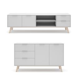Living room set consisting of a 140 cm sideboard and a 180 cm TV stand with two doors and two drawers in white | Campus