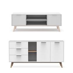 Living room set consisting of a 165 cm sideboard and a TV stand with two doors in white | Campus