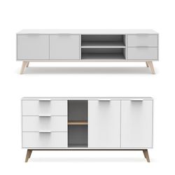 Living room set consisting of a 165 cm sideboard and a TV stand with two doors and two drawers in white | Campus