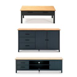 Conjunto de salón compuesto por mueble TV, aparador de 150 cm y mesa de centro en color azul | Miranda