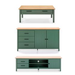Conjunto de salón compuesto por mueble TV, aparador de 150 cm y mesa de centro en color verde | Miranda