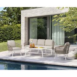 Aluminum and rope garden sofa set in white and greige | Nelayan