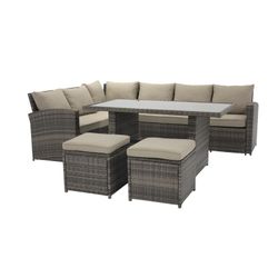 Conjunto Ratán Exterior sintético Sofá esquinero, sillones y mesa comedor Gris/Beige