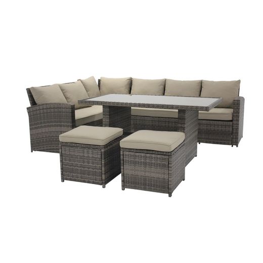 Conjunto Ratán Exterior sintético Sofá esquinero, sillones y mesa comedor Gris/Beige