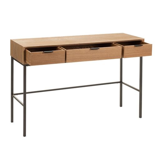 Console 3 Tiroirs Bois Naturel/Noir et Métal, 120x41x77.5 cm