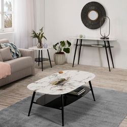 White marble effect glass console, 135 x 40 x 80 cm