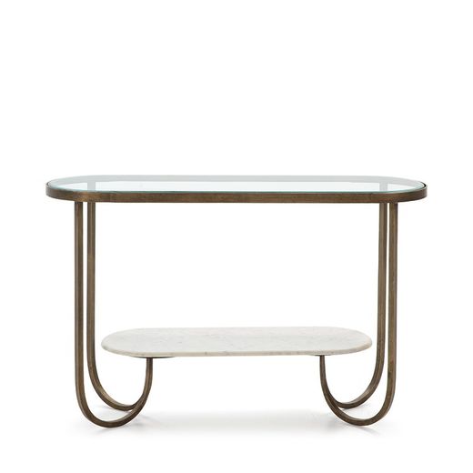 Konsola szklana, biały marmur i metal, 122x39x76 cm