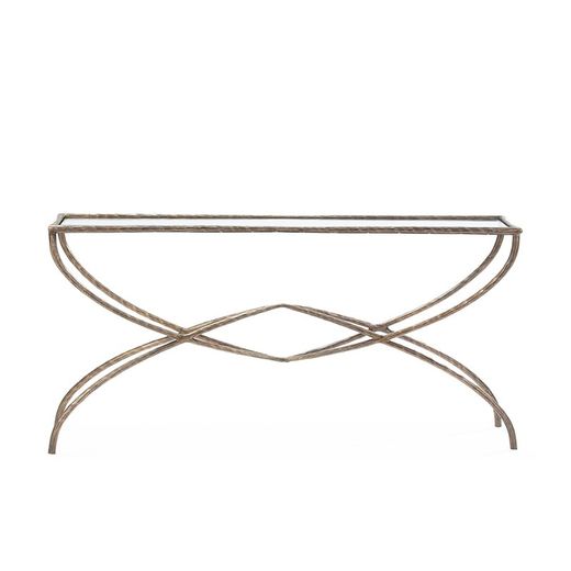 Table console en fer et verre doré, 156 x 35 x 78 cm