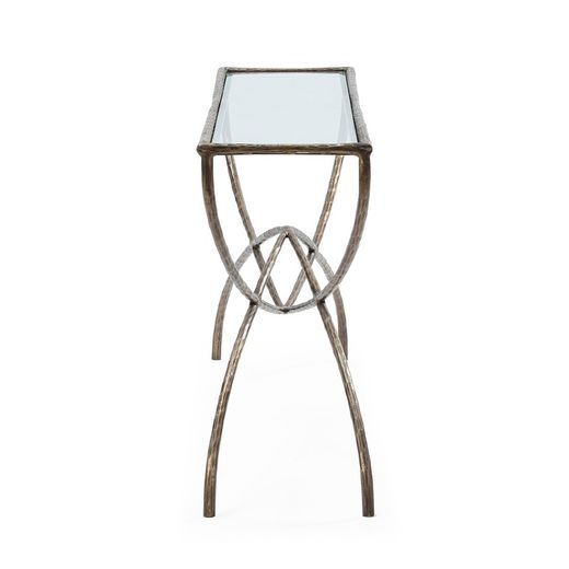 Table console en fer et verre doré, 156 x 35 x 78 cm