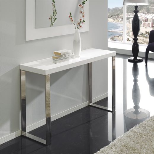 Console en bois laqué blanc et pieds en acier inoxydable120x40x76