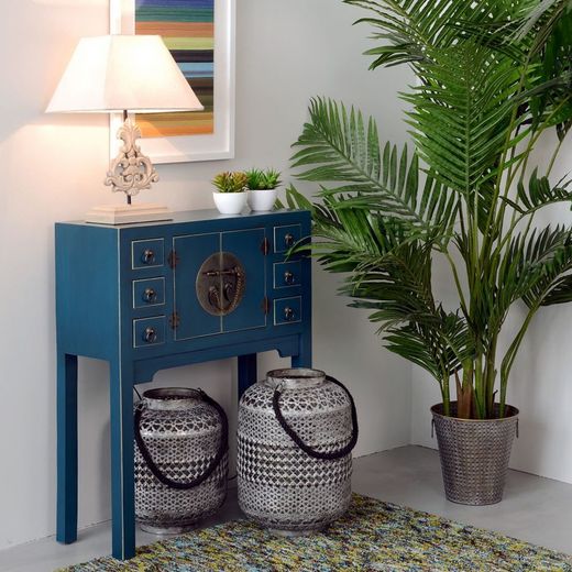 Table console en bois et métal bleu et or, 63 x 26 x 80 cm | Est