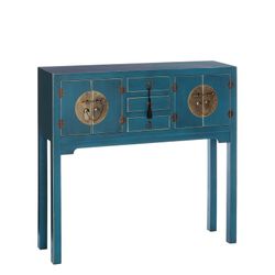 Table console en bois et métal bleu et or, 95 x 26 x 90 cm | Est