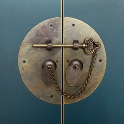 Table console en bois et métal bleu et or, 95 x 26 x 90 cm | Est