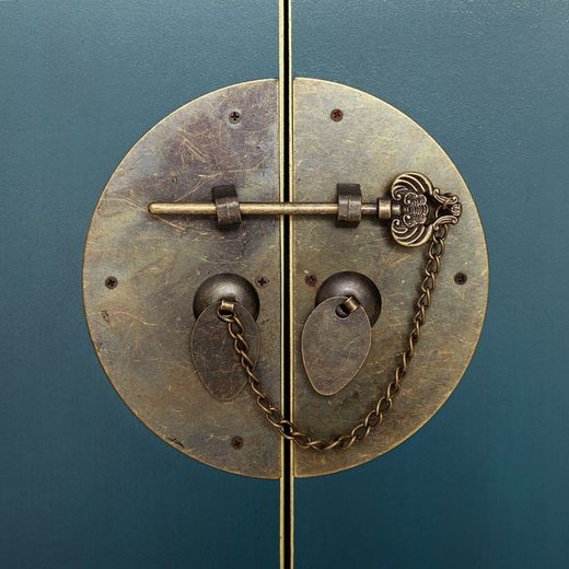 Table console en bois et métal bleu et or, 95 x 26 x 90 cm | Est