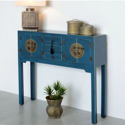 Table console en bois et métal bleu et or, 95 x 26 x 90 cm | Est