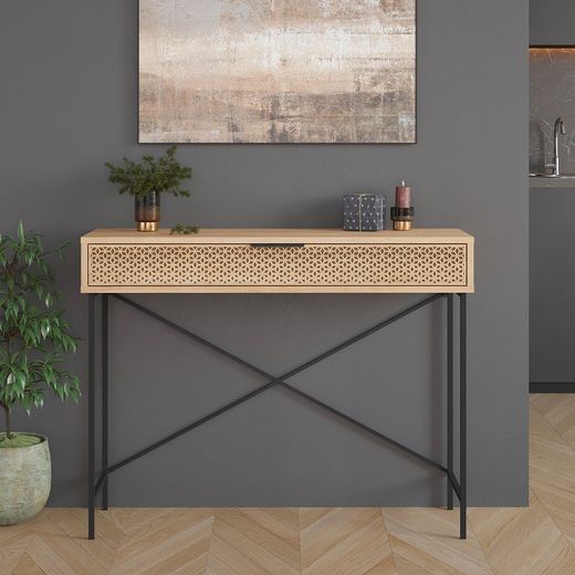 Træ- og metalkonsol i eg og sort, 110 x 35,5 x 85 cm | Ecrin