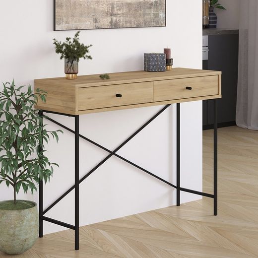 Træ- og metalkonsol i natur og sort, 110 x 35 x 85 cm | Titan