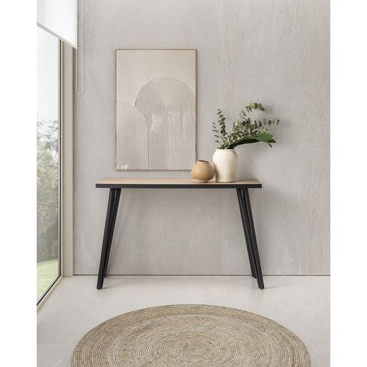 Wood and metal console in natural and black, 120 x 40 x 77 cm | Sindi