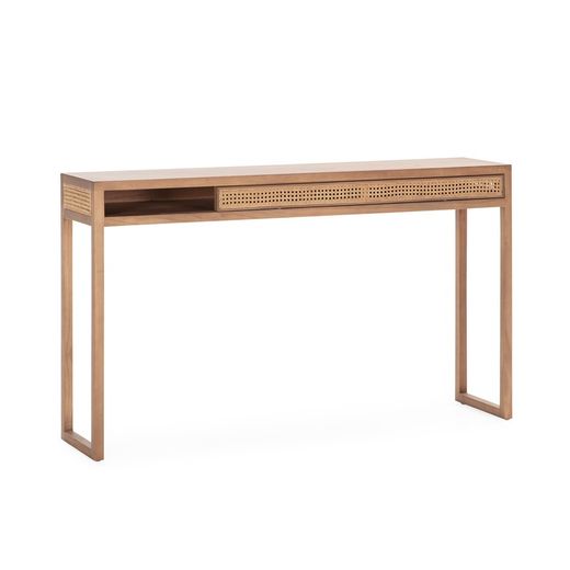 Konsol i træ og naturrattan, 142 x 30 x 84 cm