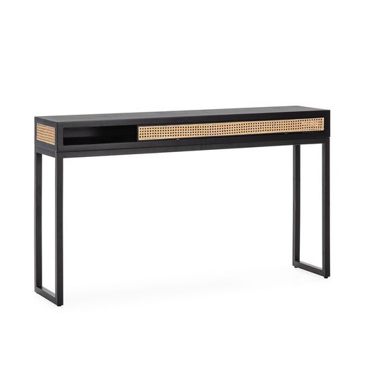 Sort/naturligt træ og rattan konsolbord, 142 x 30 x 84 cm