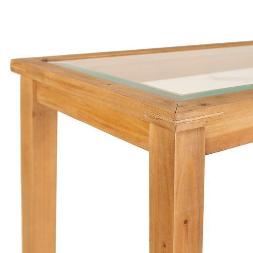 Consolle in pino, rattan e vetro naturale, 120 x 36 x 80 cm