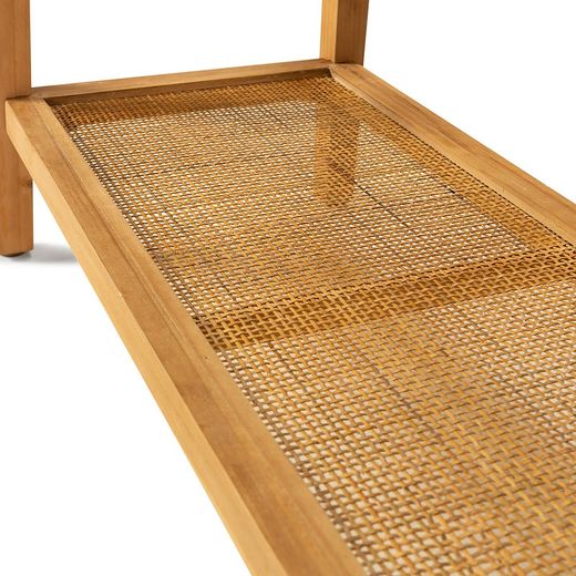 Consolle in pino, rattan e vetro naturale, 120 x 36 x 80 cm