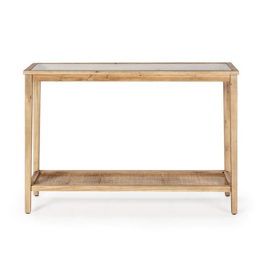 Consolle in pino, rattan e vetro naturale, 120 x 36 x 80 cm
